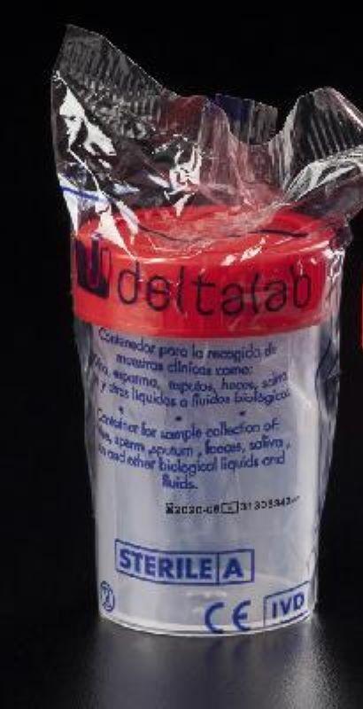 Контейнер об’ємом 60 мл поліпропіленовий з червоною гвинтовою поліетиленовою кришкою, в індивідуальній упаковці, DELTALAB